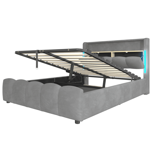 Cama estofada 140x200 cm - Sem colchão, iluminação LED, cabeceira com arrumação, USB e Tipo-C, cinzenta
