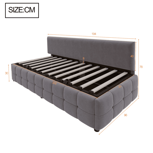 Cama multifuncional 90x200 cm - Com arrumação hidráulica, encosto sem braços, padrão xadrez - Cinza escuro