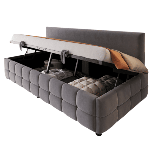Cama multifuncional 90x200 cm - Com arrumação hidráulica, encosto sem braços, padrão xadrez - Cinza escuro