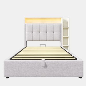 Cama estofada 90x200 cm - Com função de carregamento USB Tipo-C, armazenamento multifuncional, iluminação LED, sem colchão - Bege