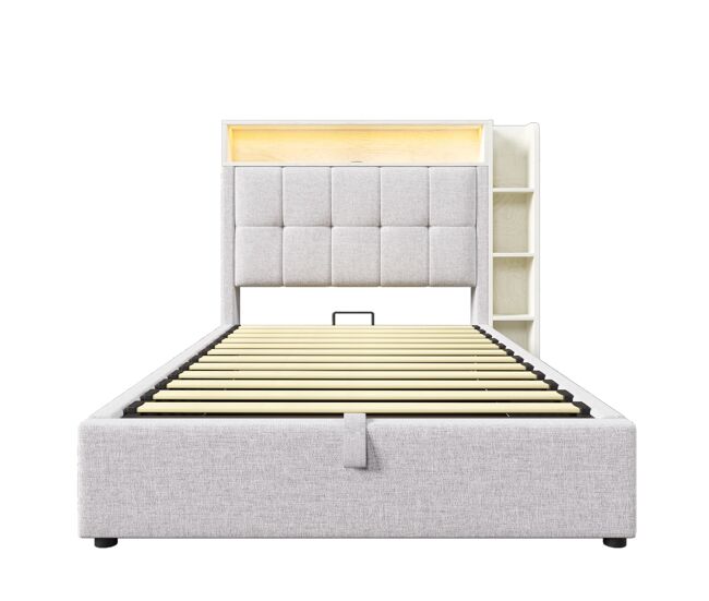 Cama tapizada 90x200 cm - con función de carga usb tipo-c, almacenamiento multifuncional, iluminación led, sin colchón - beige