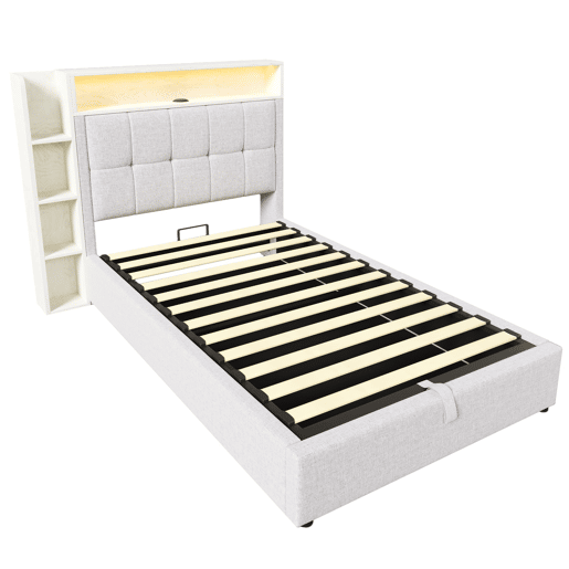 Cama estofada 90x200 cm - Com função de carregamento USB Tipo-C, armazenamento multifuncional, iluminação LED, sem colchão - Bege