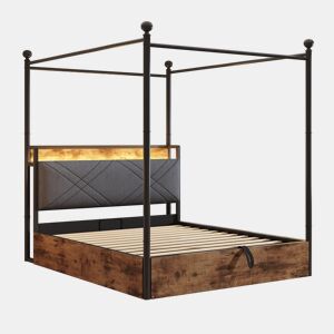 Cama multifuncional em ferro forjado 140x190 - Armazenamento hidráulico, dossel, LED, USBType-C - Preto