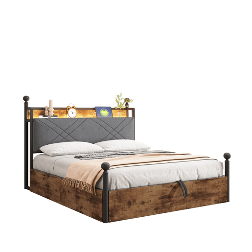 Cama multifuncional em ferro forjado 140x190 - Armazenamento hidráulico, dossel, LED, USBType-C - Preto