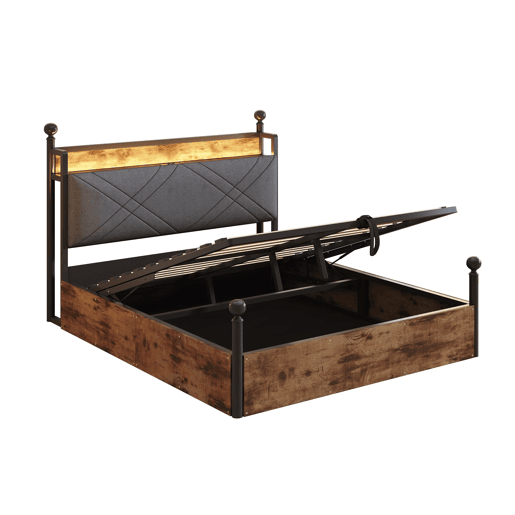 Cama multifuncional em ferro forjado 140x190 - Armazenamento hidráulico, dossel, LED, USBType-C - Preto