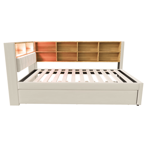 Sofá-cama 90x200 - Cama extraível 90x190, com luzes LED, tomadas e compartimentos, bege