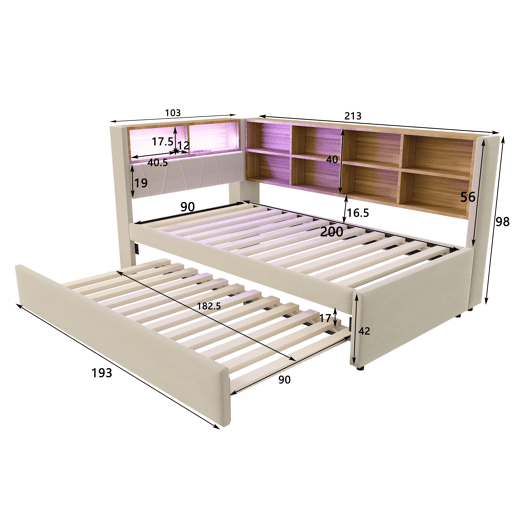Sofá-cama 90x200 - Cama extraível 90x190, com luzes LED, tomadas e compartimentos, bege