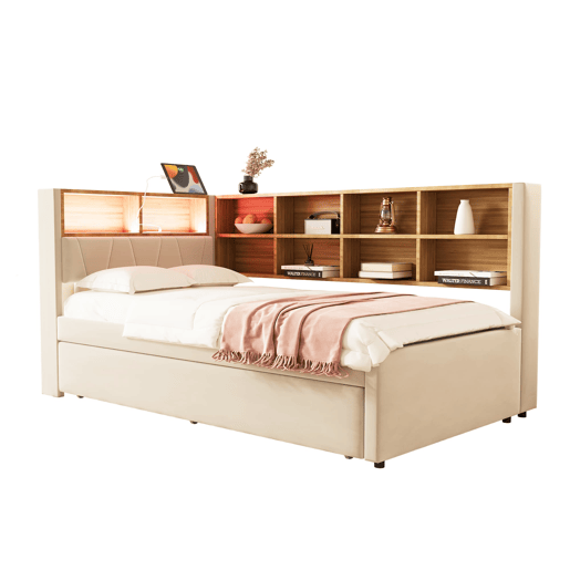 Sofá-cama 90x200 - Cama extraível 90x190, com luzes LED, tomadas e compartimentos, bege