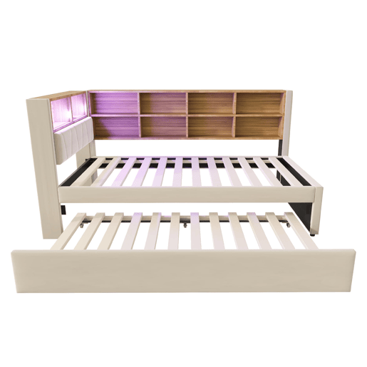 Sofá-cama 90x200 - Cama extraível 90x190, com luzes LED, tomadas e compartimentos, bege