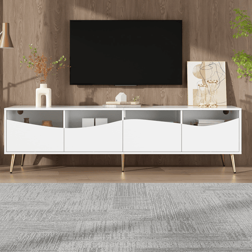 Móvel de TV 180x40x50 cm - com iluminação LED, frente em vidro, pés metálicos dourados - Branco