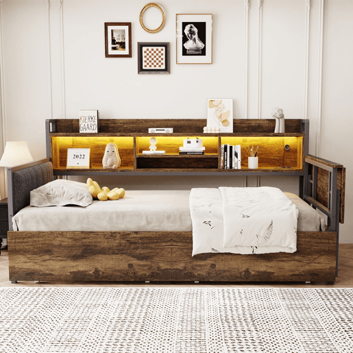Sofá-cama de ferro 90 x 200 cm - Com iluminação LED, arrumação, gavetas e secretária dobrável - Cor madeira