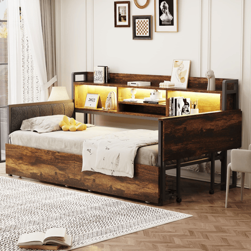 Sofá-cama de ferro 90 x 200 cm - Com iluminação LED, arrumação, gavetas e secretária dobrável - Cor madeira