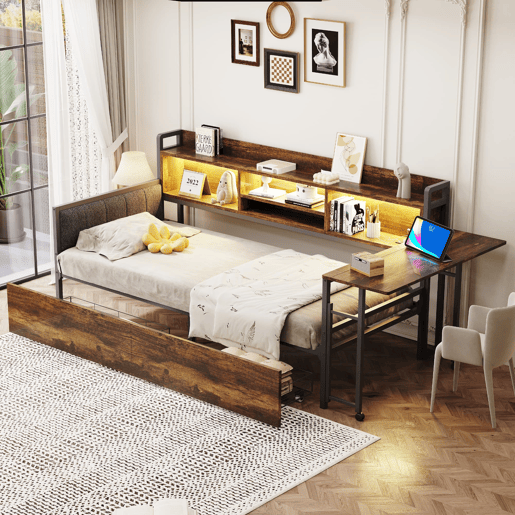 Sofá-cama de ferro 90 x 200 cm - Com iluminação LED, arrumação, gavetas e secretária dobrável - Cor madeira