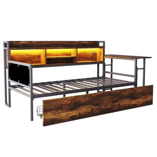 Sofá-cama de ferro 90 x 200 cm - Com iluminação LED, arrumação, gavetas e secretária dobrável - Cor madeira