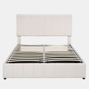 Cama estofada 140x200 cm - Cama de casal com arrumação hidráulica, cabeceira ajustável, latas metálicas - Creme