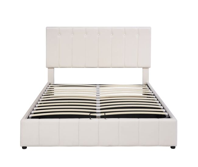 Cama tapizada 140x200 cm - cama doble con almacenamiento hidráulico, cabezal ajustable, latas metálicas - crema