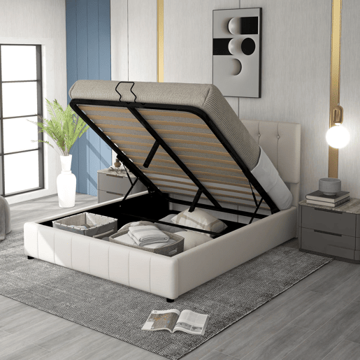 Cama estofada 140x200 cm - Cama de casal com arrumação hidráulica, cabeceira ajustável, latas metálicas - Creme