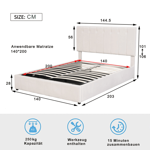 Cama estofada 140x200 cm - Cama de casal com arrumação hidráulica, cabeceira ajustável, latas metálicas - Creme