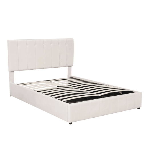 Cama estofada 140x200 cm - Cama de casal com arrumação hidráulica, cabeceira ajustável, latas metálicas - Creme