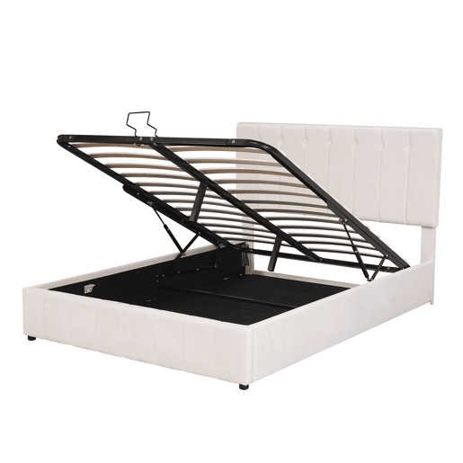Cama estofada 140x200 cm - Cama de casal com arrumação hidráulica, cabeceira ajustável, latas metálicas - Creme
