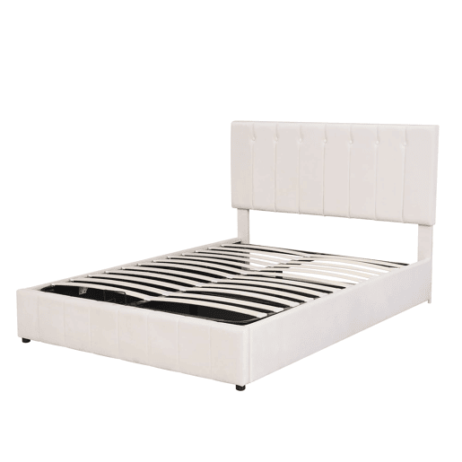 Cama estofada 140x200 cm - Cama de casal com arrumação hidráulica, cabeceira ajustável, latas metálicas - Creme