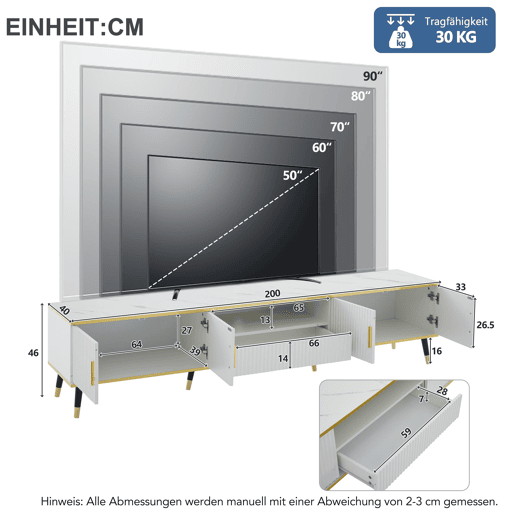 Móvel para TV 200x40x46 cm - Madeira, 2 portas, 1 gaveta, para TVs até 90 - Branco Móvel para TV 200x40x46 cm - Madeira, 2 portas, 1 gaveta, para TVs até 90 - Branco