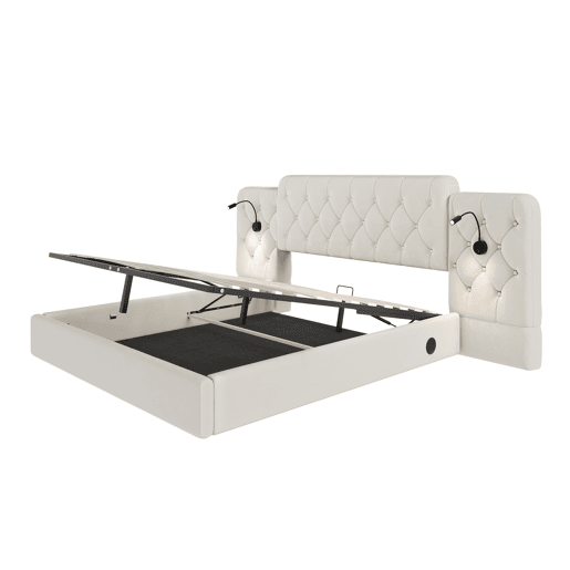 Cama estofada 160x200 cm - Cabeceira longa, material de veludo, várias portas USB, candeeiro de secretária, sistema hidráulico, grande capacidade de arrumação - Bege