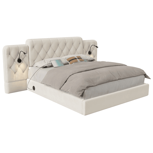 Cama estofada 160x200 cm - Cabeceira longa, material de veludo, várias portas USB, candeeiro de secretária, sistema hidráulico, grande capacidade de arrumação - Bege