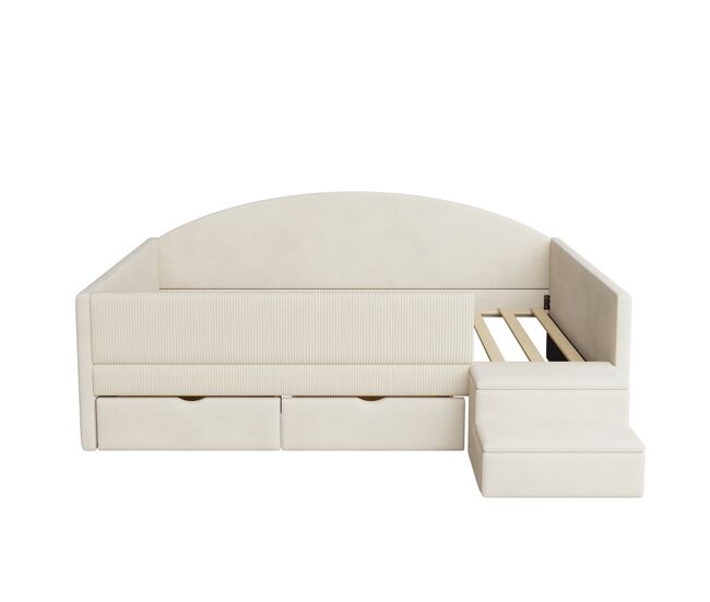 Cama multifuncional 90x190 cm - con dos cajones, con escaleras, tejido de terciopelo, sin colchón - beige