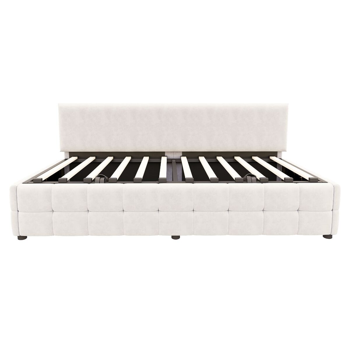 Cama individual 90x200 cm - con almacenamiento hidráulico, sin reposabrazos, con patrón de cuadros, beige