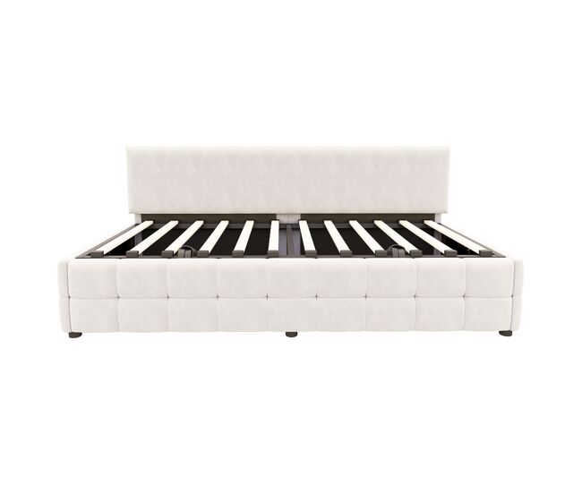 Cama individual 90x200 cm - con almacenamiento hidráulico, sin reposabrazos, con patrón de cuadros, beige