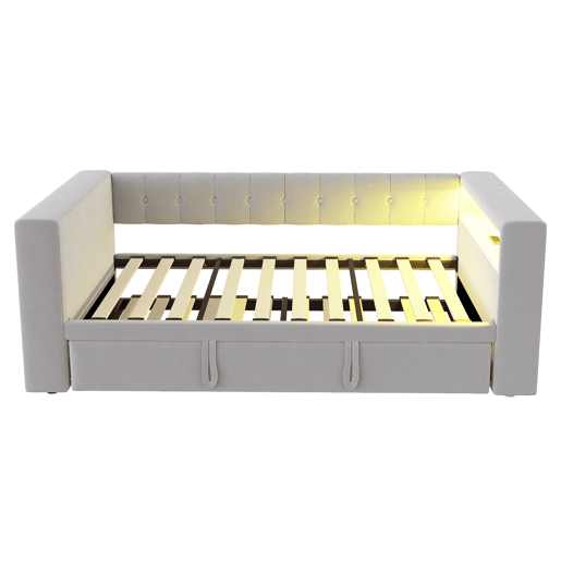 Cama multifuncional 90180x190 cm - com iluminação LED, tomadas e grande espaço de armazenamento - Cinza claro
