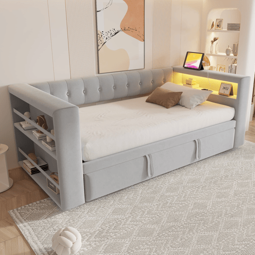 Cama multifuncional 90180x190 cm - com iluminação LED, tomadas e grande espaço de armazenamento - Cinza claro