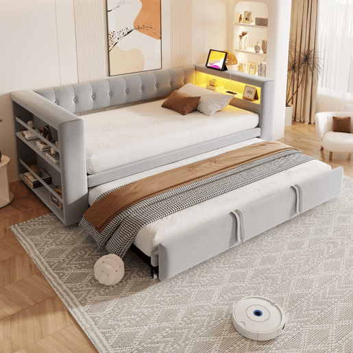 Cama multifuncional 90180x190 cm - com iluminação LED, tomadas e grande espaço de armazenamento - Cinza claro