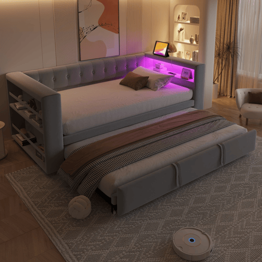 Cama multifuncional 90180x190 cm - com iluminação LED, tomadas e grande espaço de armazenamento - Cinza claro