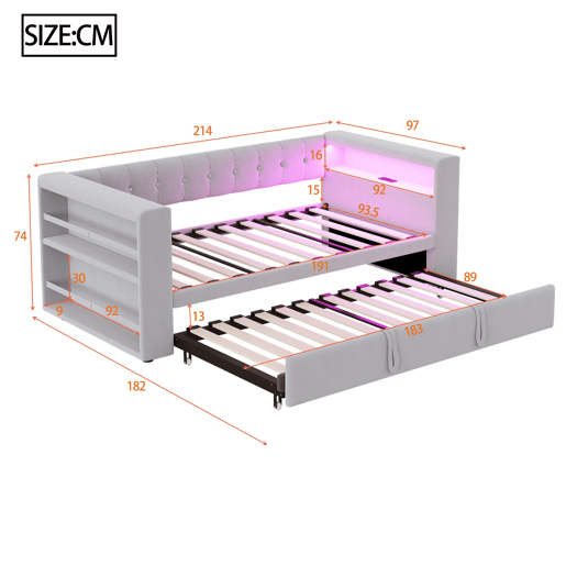 Cama multifuncional 90180x190 cm - com iluminação LED, tomadas e grande espaço de armazenamento - Cinza claro