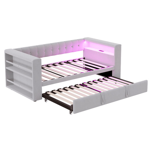 Cama multifuncional 90180x190 cm - com iluminação LED, tomadas e grande espaço de armazenamento - Cinza claro