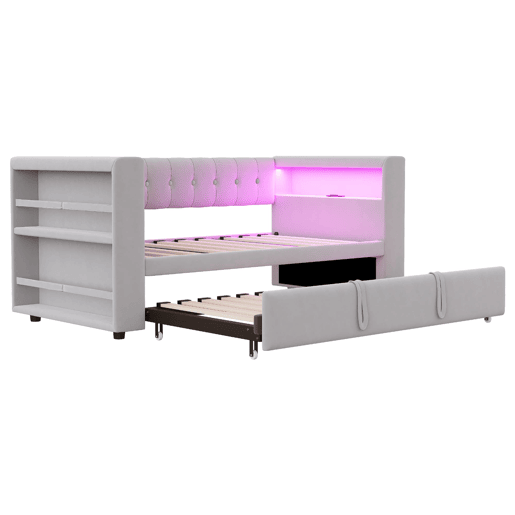Cama multifuncional 90180x190 cm - com iluminação LED, tomadas e grande espaço de armazenamento - Cinza claro