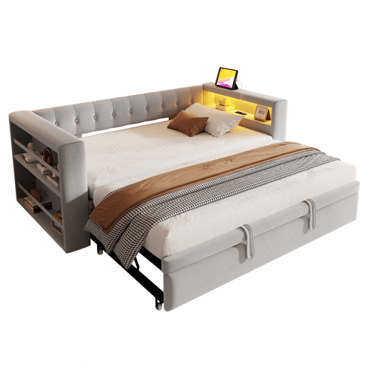 Cama multifuncional 90180x190 cm - com iluminação LED, tomadas e grande espaço de armazenamento - Cinza claro