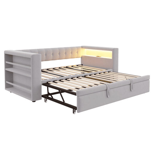 Cama multifuncional 90180x190 cm - com iluminação LED, tomadas e grande espaço de armazenamento - Cinza claro