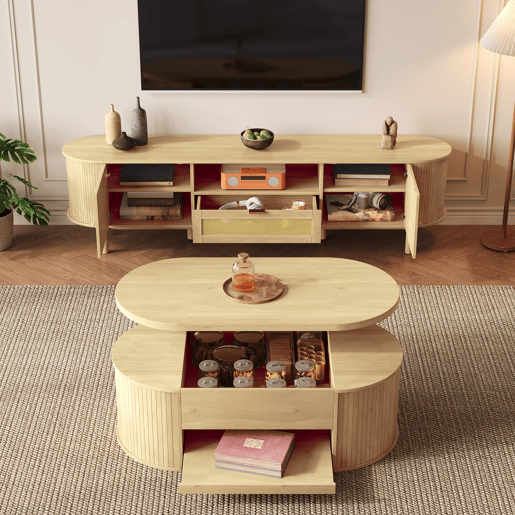 Conjunto de móveis para sala - mesa de centro com altura ajustável e móvel para TV - design moderno - cor natural Conjunto de móveis para sala - mesa de centro com altura ajustável e móvel para TV - design moderno - cor natural