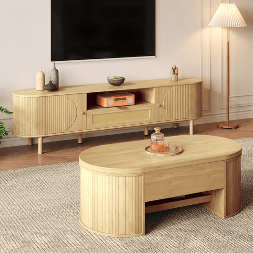 Conjunto de móveis para sala - mesa de centro com altura ajustável e móvel para TV - design moderno - cor natural Conjunto de móveis para sala - mesa de centro com altura ajustável e móvel para TV - design moderno - cor natural