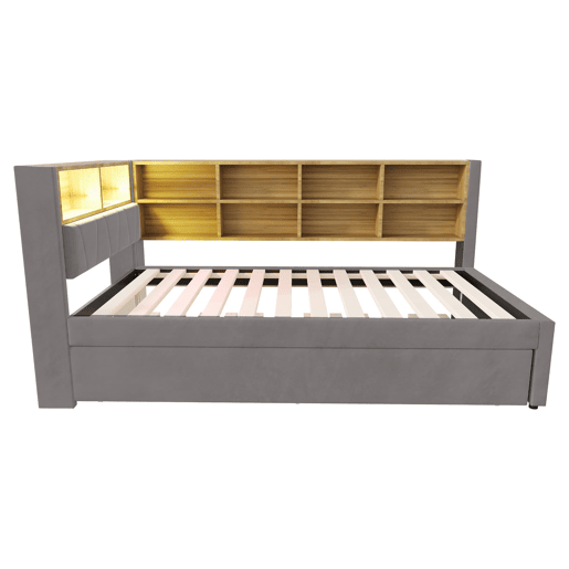 Sofá-cama 90x200 - Cama extensível 90x190, com luzes LED, tomadas e compartimentos, Flanela, Cinza escuro
