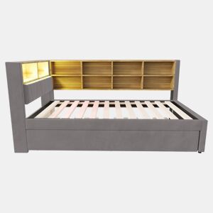 Sofá-cama 90x200 - Cama extensível 90x190, com luzes LED, tomadas e compartimentos, Flanela, Cinza escuro