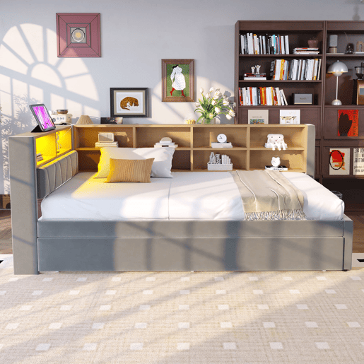 Sofá-cama 90x200 - Cama extensível 90x190, com luzes LED, tomadas e compartimentos, Flanela, Cinza escuro