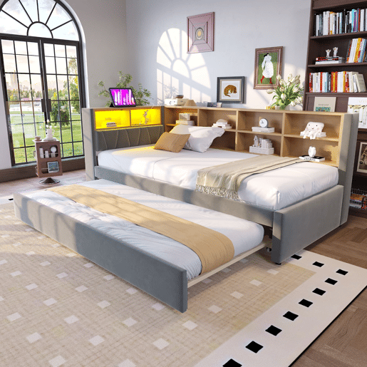 Sofá-cama 90x200 - Cama extensível 90x190, com luzes LED, tomadas e compartimentos, Flanela, Cinza escuro