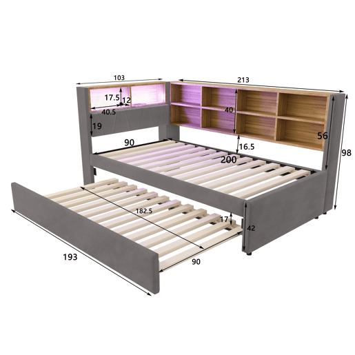 Sofá-cama 90x200 - Cama extensível 90x190, com luzes LED, tomadas e compartimentos, Flanela, Cinza escuro