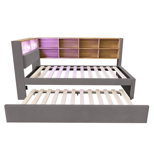 Sofá-cama 90x200 - Cama extensível 90x190, com luzes LED, tomadas e compartimentos, Flanela, Cinza escuro