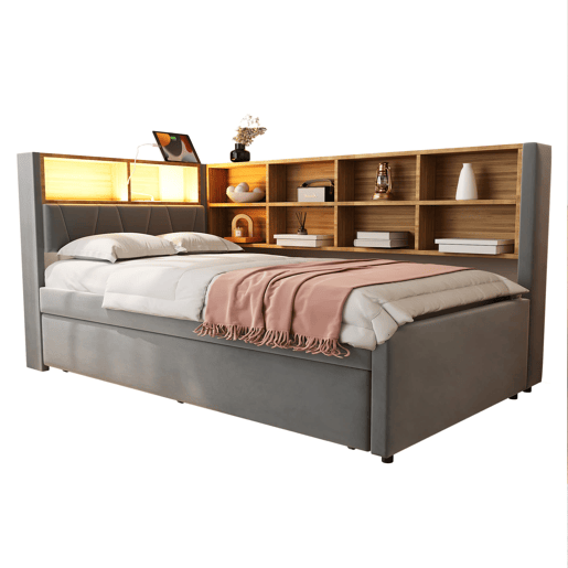 Sofá-cama 90x200 - Cama extensível 90x190, com luzes LED, tomadas e compartimentos, Flanela, Cinza escuro