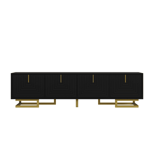 Móvel de TV Lowboard - Portas estruturadas, puxadores e pés dourados - Preto